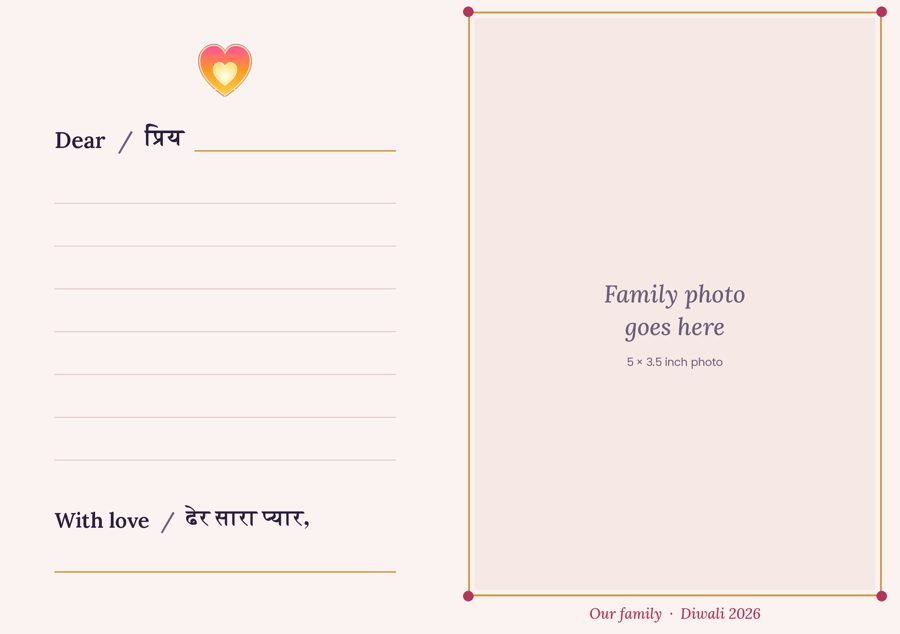 Inside the rangoli card: lines for your letter on the left and a space for your family photo on the right